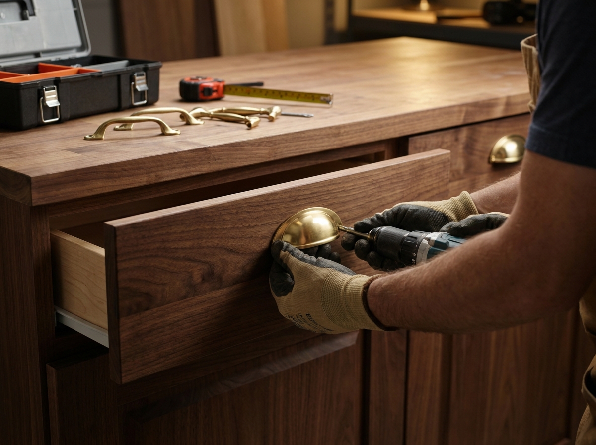 Close-up of polished brass cabinet pulls on dark walnut cabinetry
