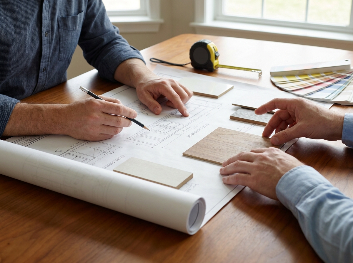 Designer and client reviewing cabinet plans at a consultation table