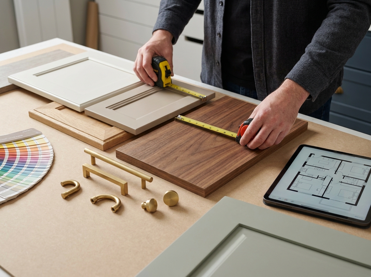 Various wood samples and cabinet door samples laid out for selection