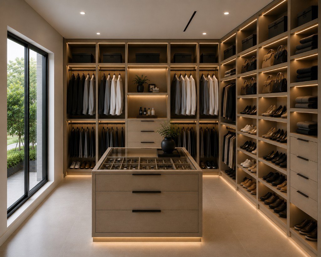 Luxury walk-in closet with custom oak cabinetry, island dresser, and integrated LED lighting