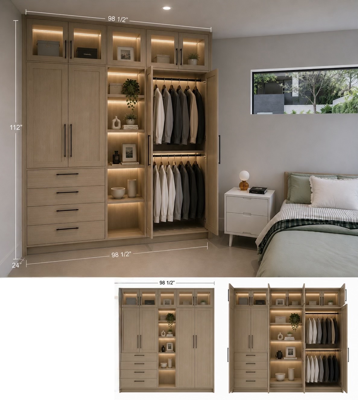 Miami Beach Closet — white shaker cabinetry with dark island and brass hardware